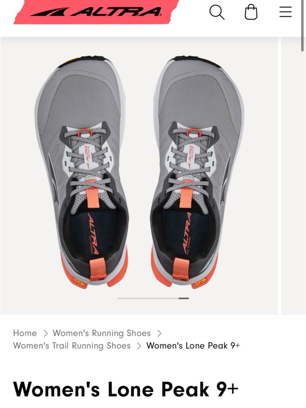 Altra Women's Lone Peak 9+ Trail Sneakers - Gray with Coral Accents